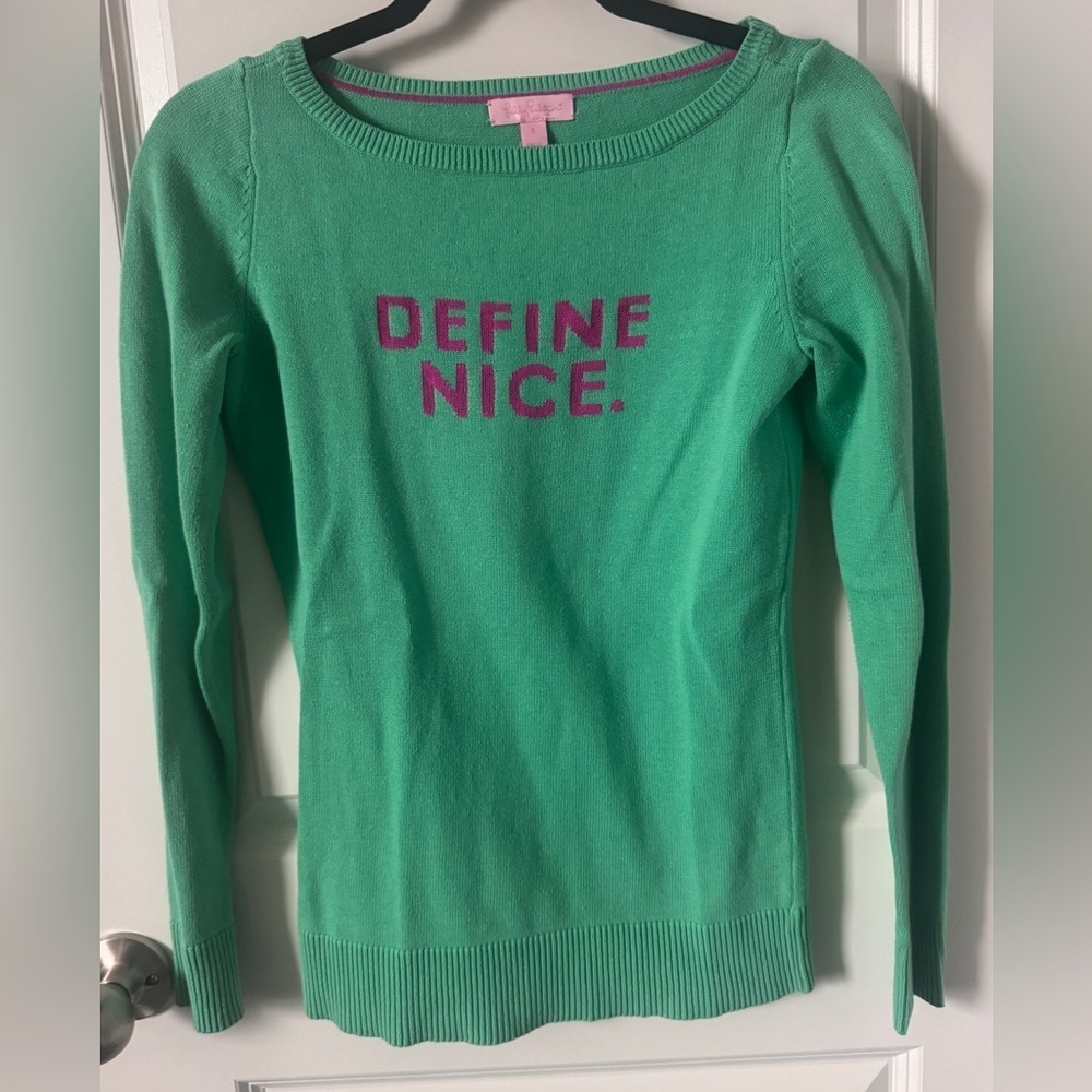 Lilly Pulitzer Green Sweater with Pink Text DEFINE NICE Size Small